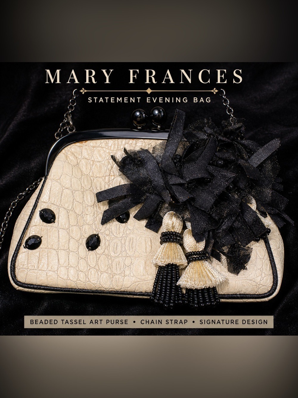 Mary Frances Beaded Tassel Evening Bag Cream Croc Embossed Clutch Chain Strap